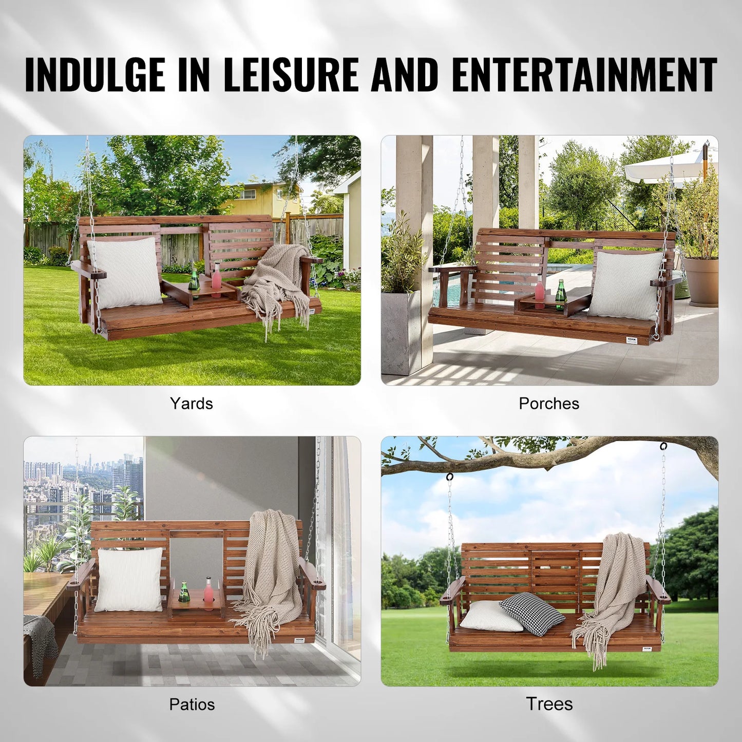 SucceBuy Wooden Porch Swing Outdoor Patio Bench With Load Capacity