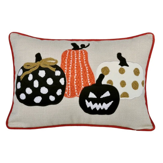 Halloween Pumpkin Embroidered Throw Pillow Polka Dot Linen Cushion