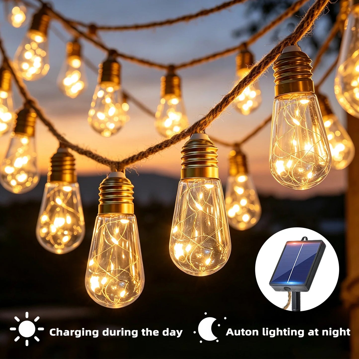 LEDOOR Solar Retro Hemp Rope String Light Outdoor 10 Modes