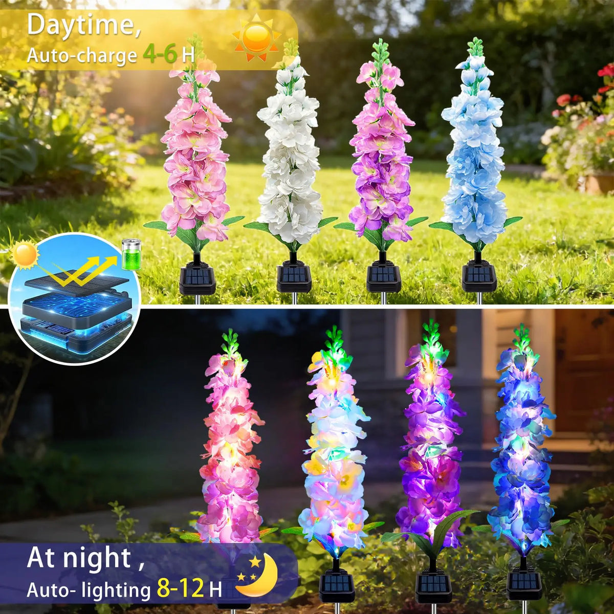 Solar Delphinium Flower Lights Waterproof Outdoor Garden Patio Decor