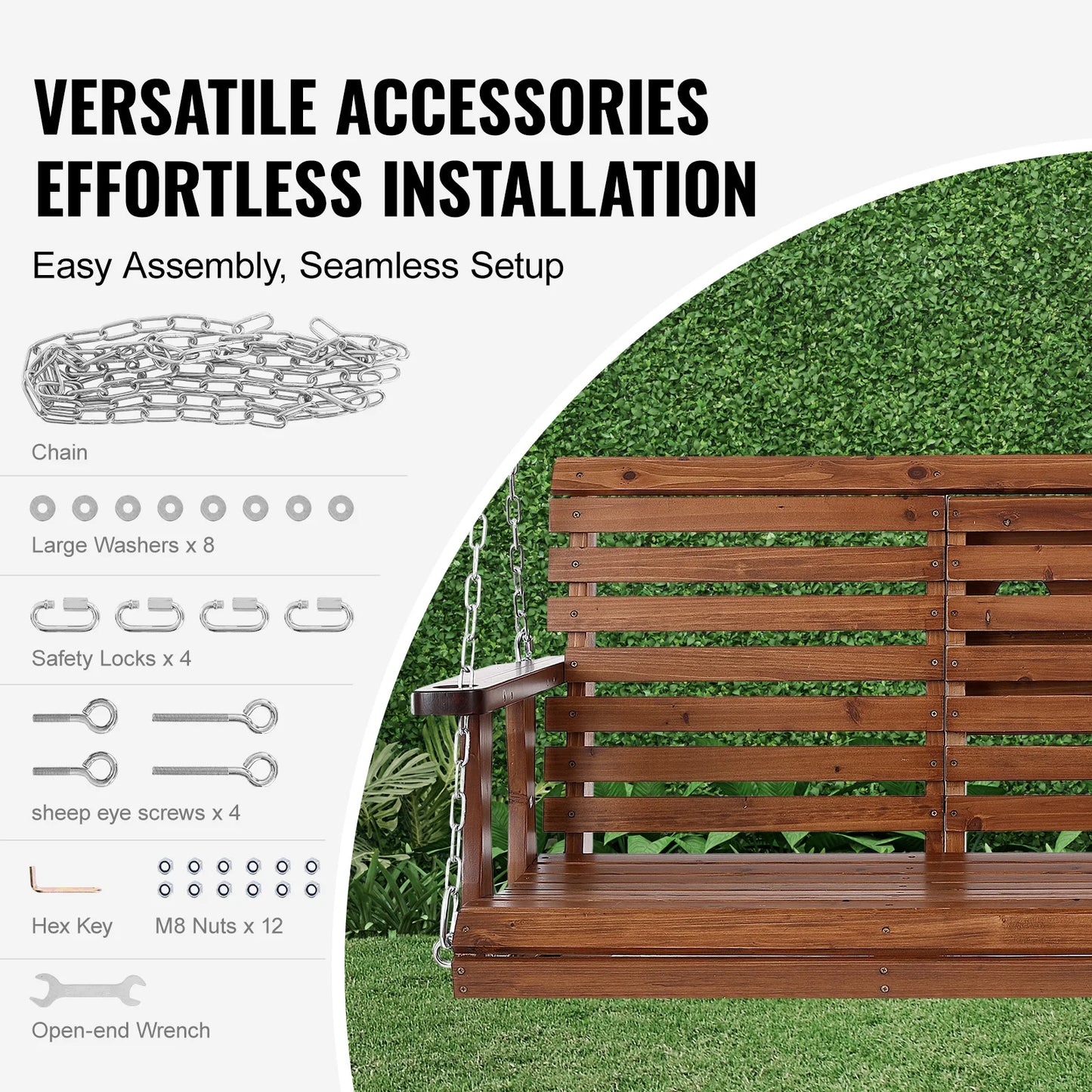 SucceBuy Wooden Porch Swing Outdoor Patio Bench With Load Capacity