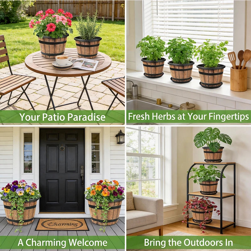 Indoor Resin Planter Barrel Style Flower Pot For Home Balcony
