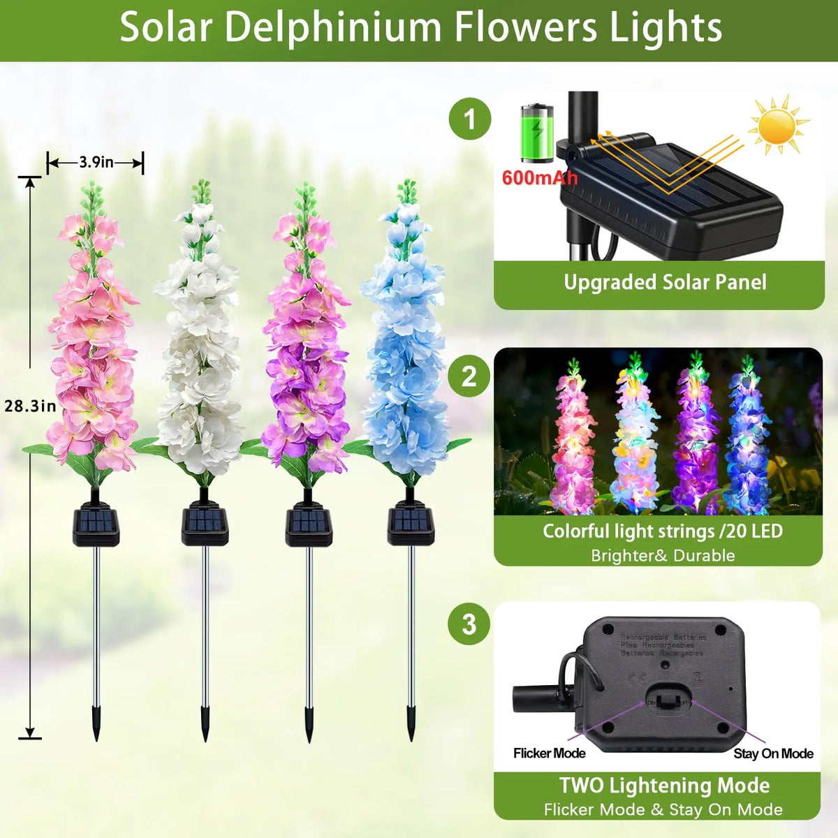 Solar Delphinium Flower Lights Waterproof Outdoor Garden Patio Decor