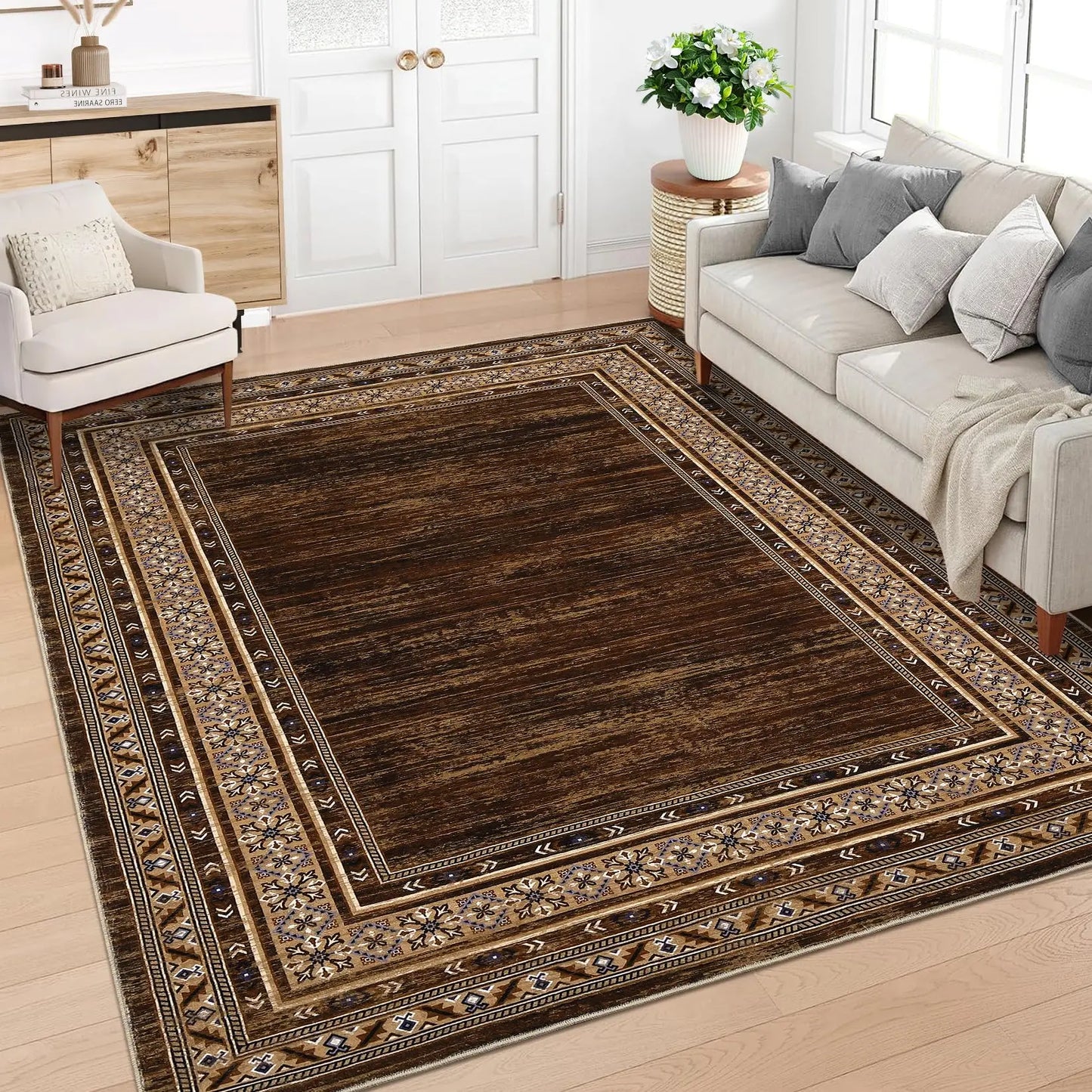 Washable Area Rug Modern Low Pile Non Slip Bordered Carpet