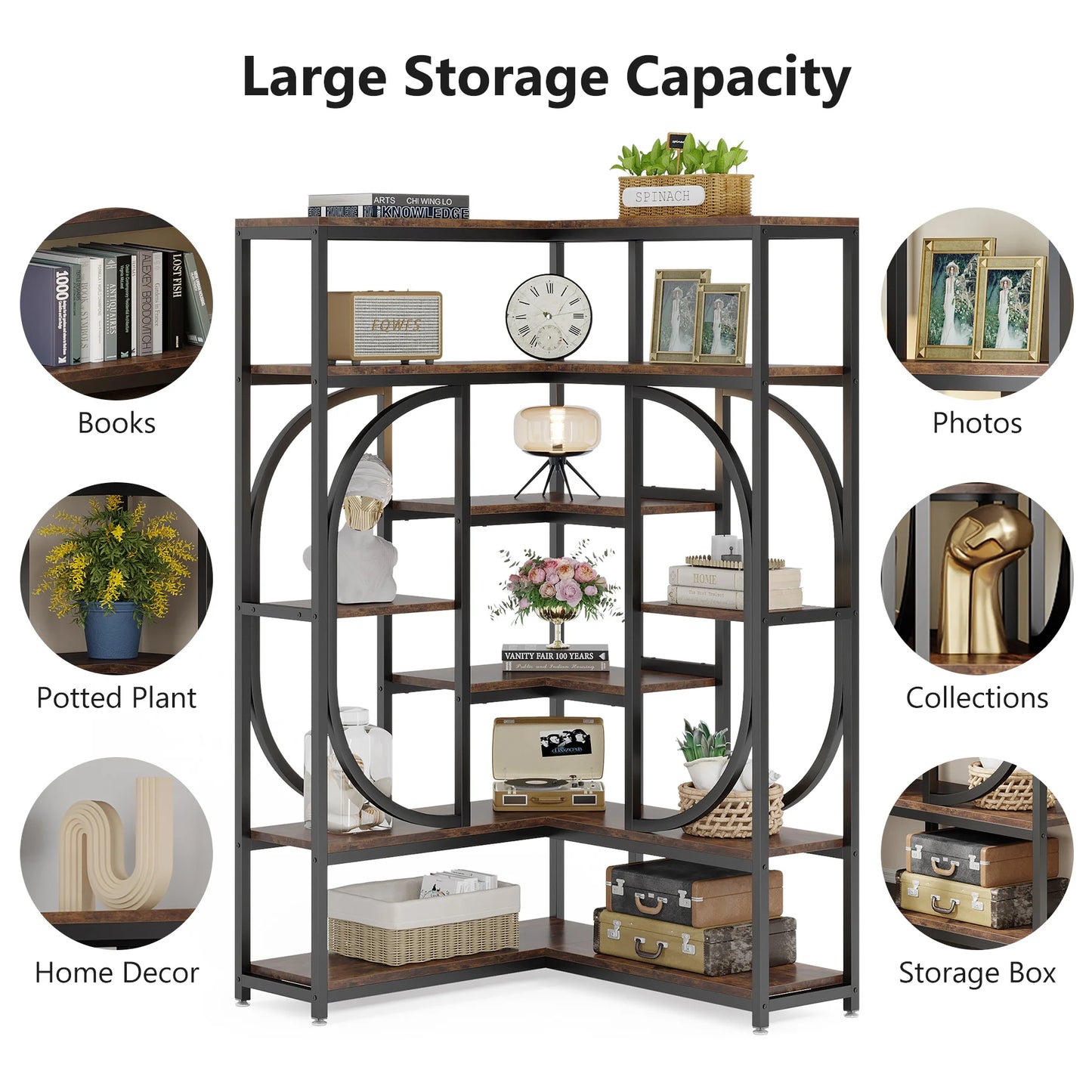 Little Tree 7 Shelf Corner Bookcase In Modern Iron Frame
