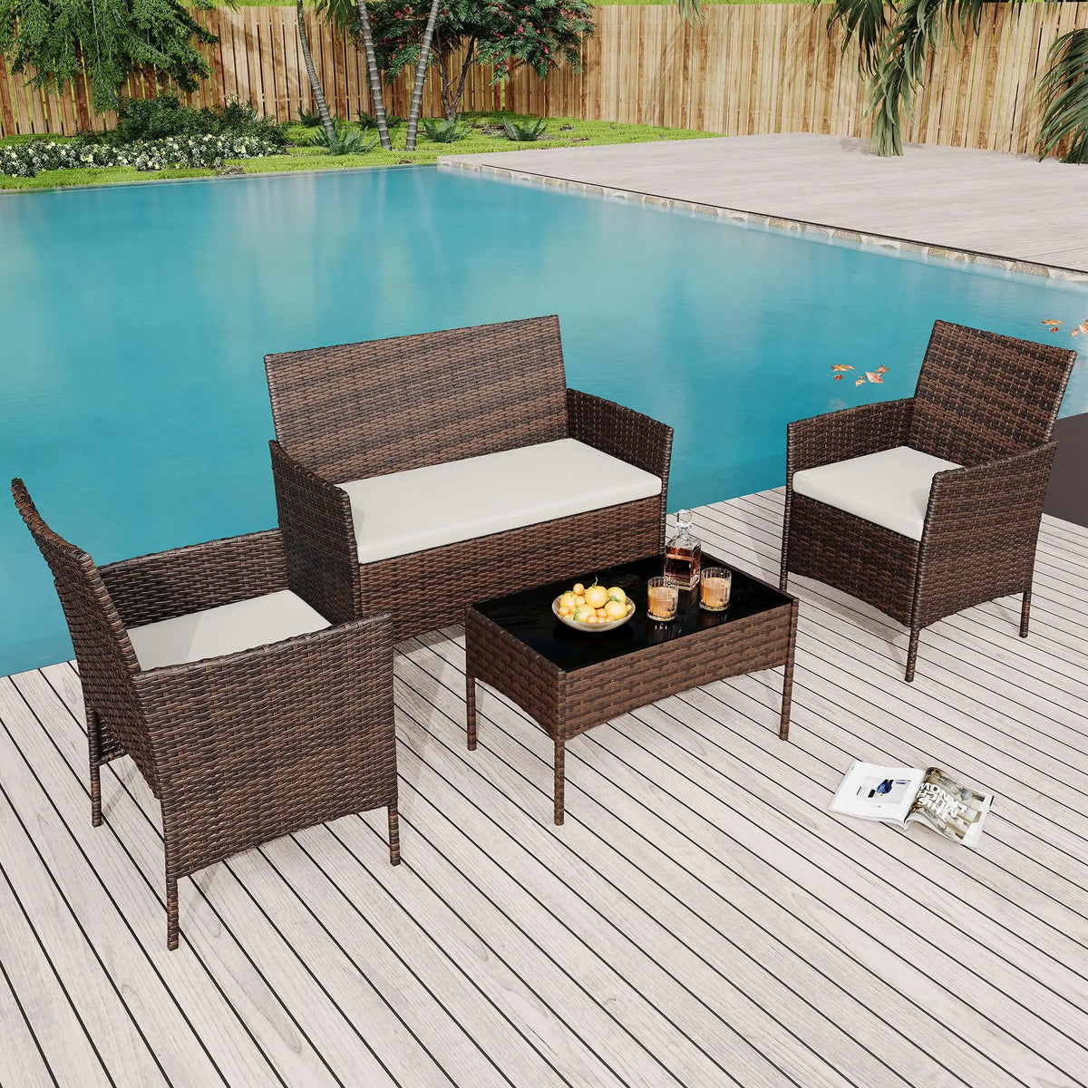HiMISS Four Piece Outdoor Rattan Patio Furniture Set With Cushions