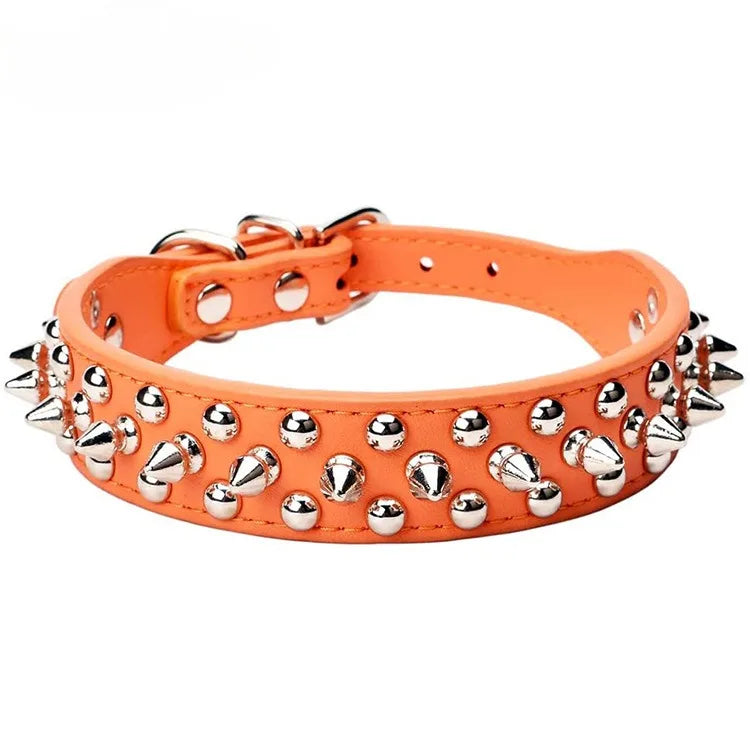 Adjustable PU Leather Dog Collar with Punk Rivet Spikes