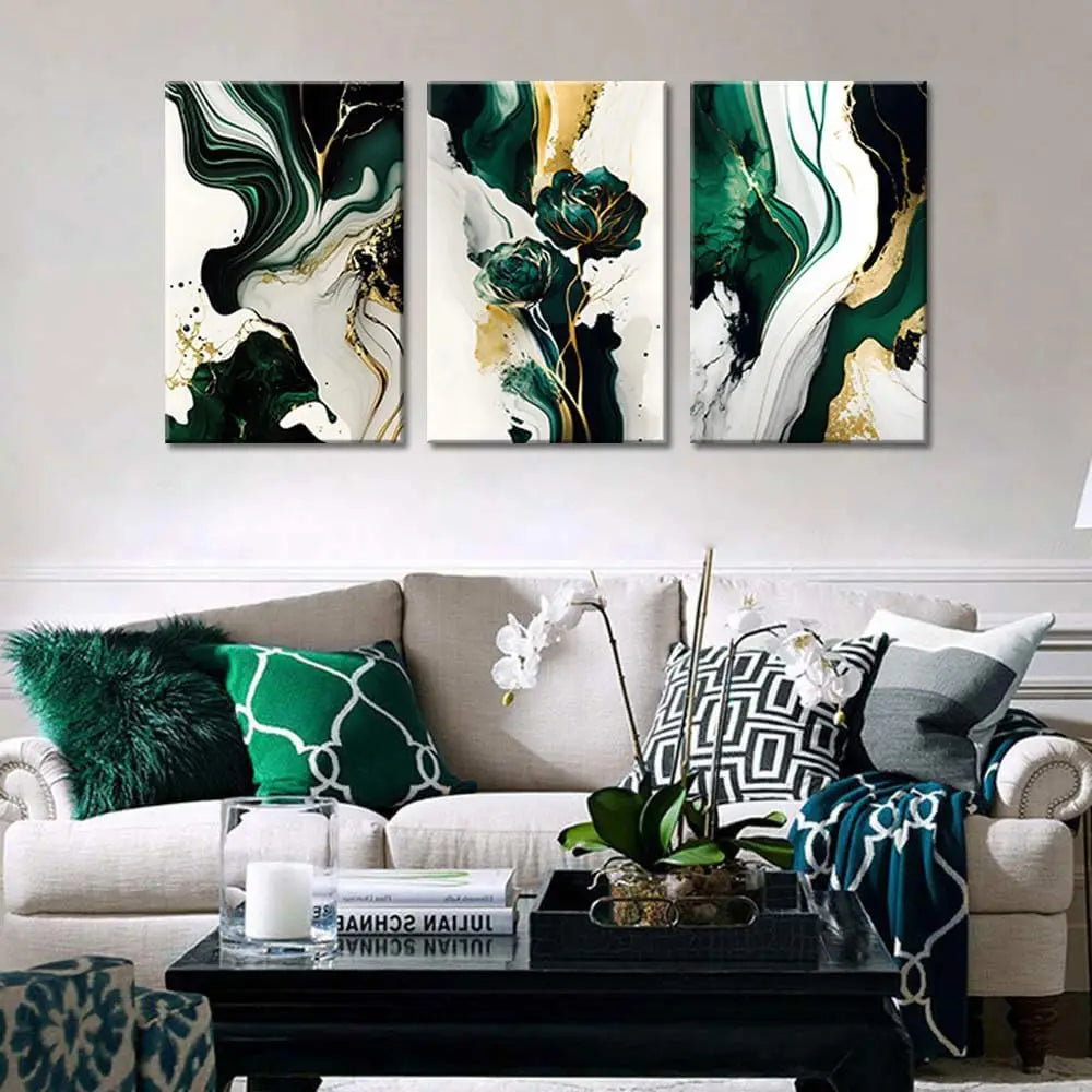 3-Piece Abstract Canvas Wall Art With Gold Accents