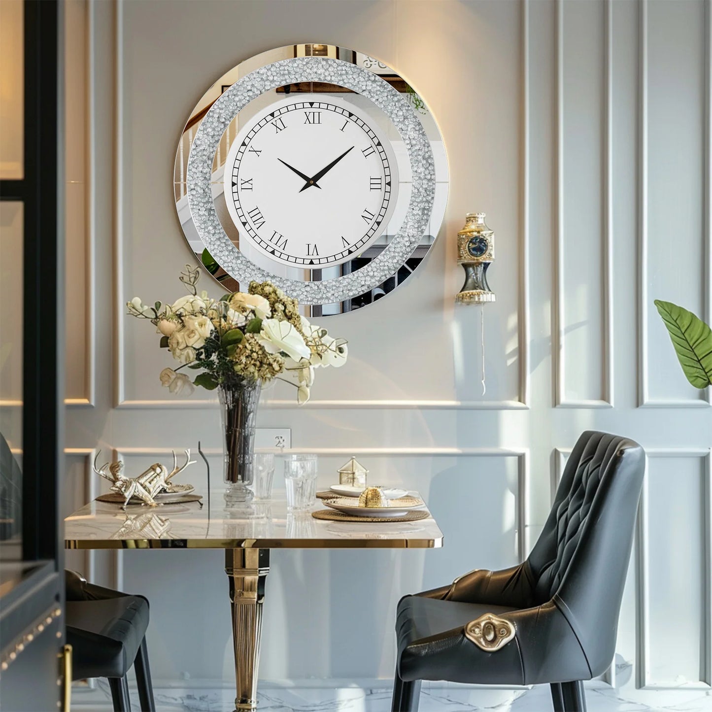 Round Mirror Clock With Crystal Sparkle Accents For Living Room