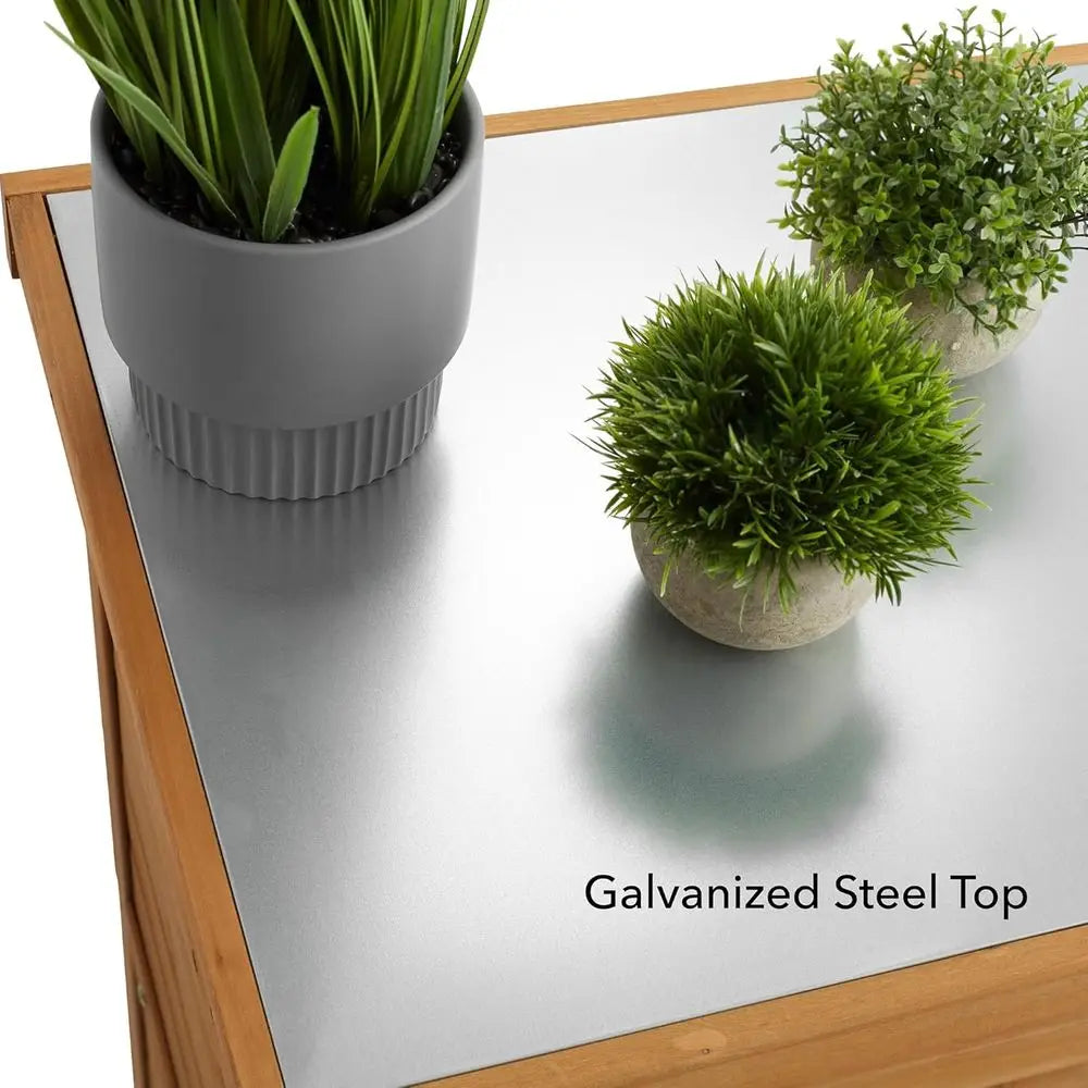 Wooden Outdoor Garden Potting Bench With Metal Tabletop And Cabinet