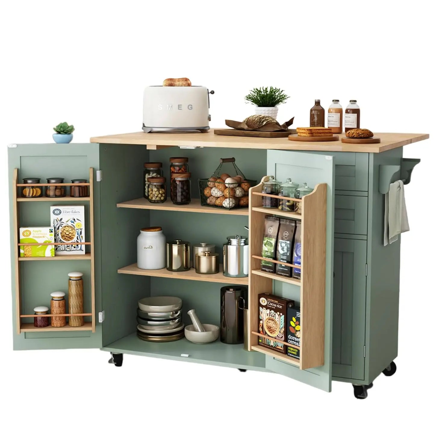 Kitchen Island With Storage And Drop Leaf Countertop On Wheels