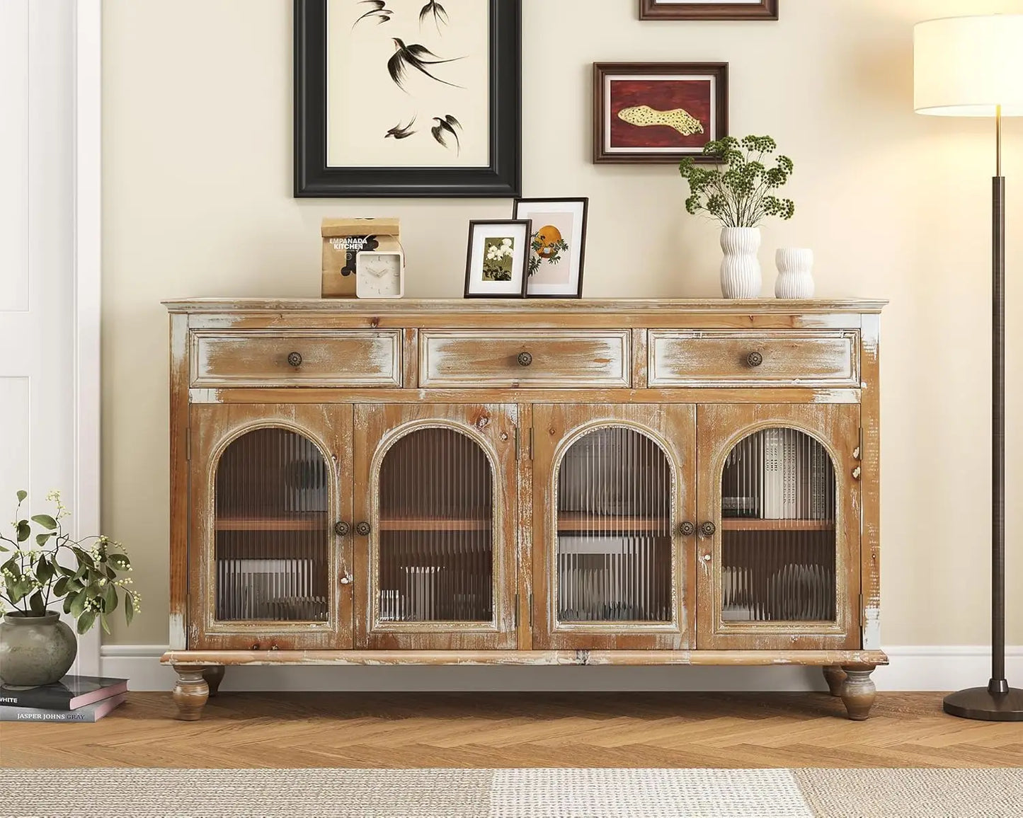 Country Vintage Sideboard Buffet Cabinet With Embossed Floral Metal Doors