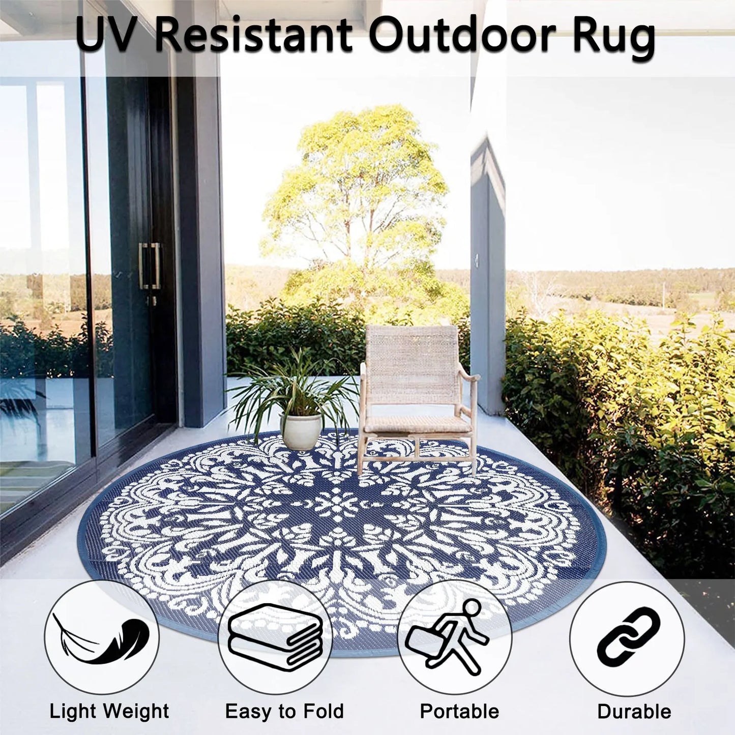 Round Outdoor Rug Portable Waterproof Reversible Plastic Straw Mat