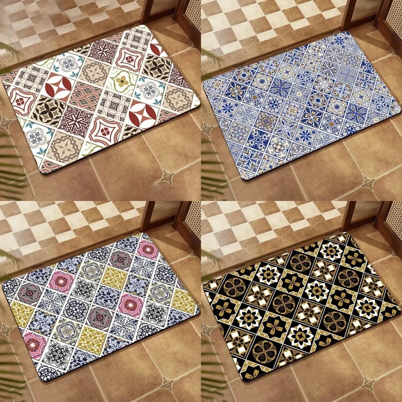 Ethnic Persian Grid Diatomite Floor Mat Retro Absorbent Anti Slip