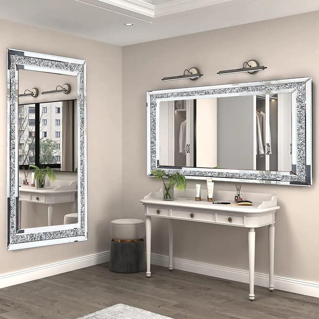 LUVODI Crystal Rhinestone Diamond Frameless Vanity Mirror Wall Mounted