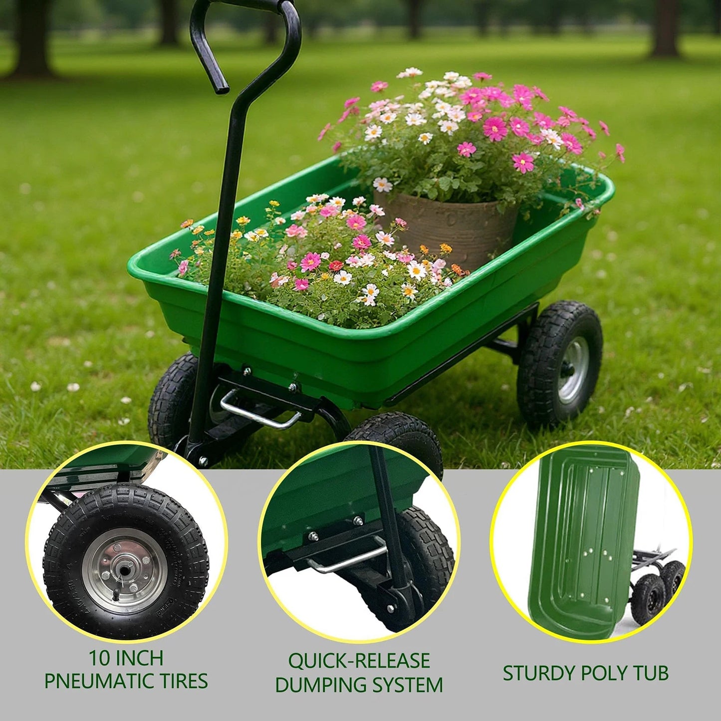 HiMISS 600 Lb Heavy Duty Four Wheel Garden Dump Cart