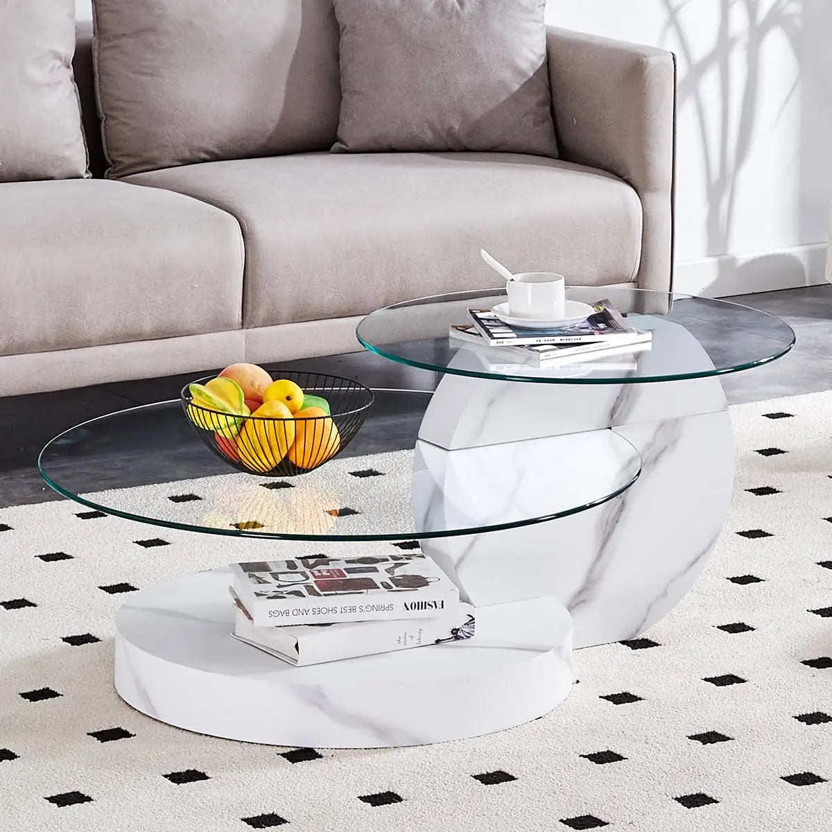 Round Glass Coffee Table With Wood Base Storage Modern Design