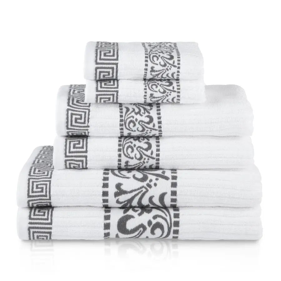 6 Piece Cotton Towel Set With Greek Pattern Absorbent Towels