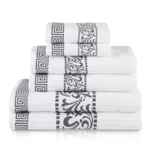 6 Piece Cotton Towel Set With Greek Pattern Absorbent Towels