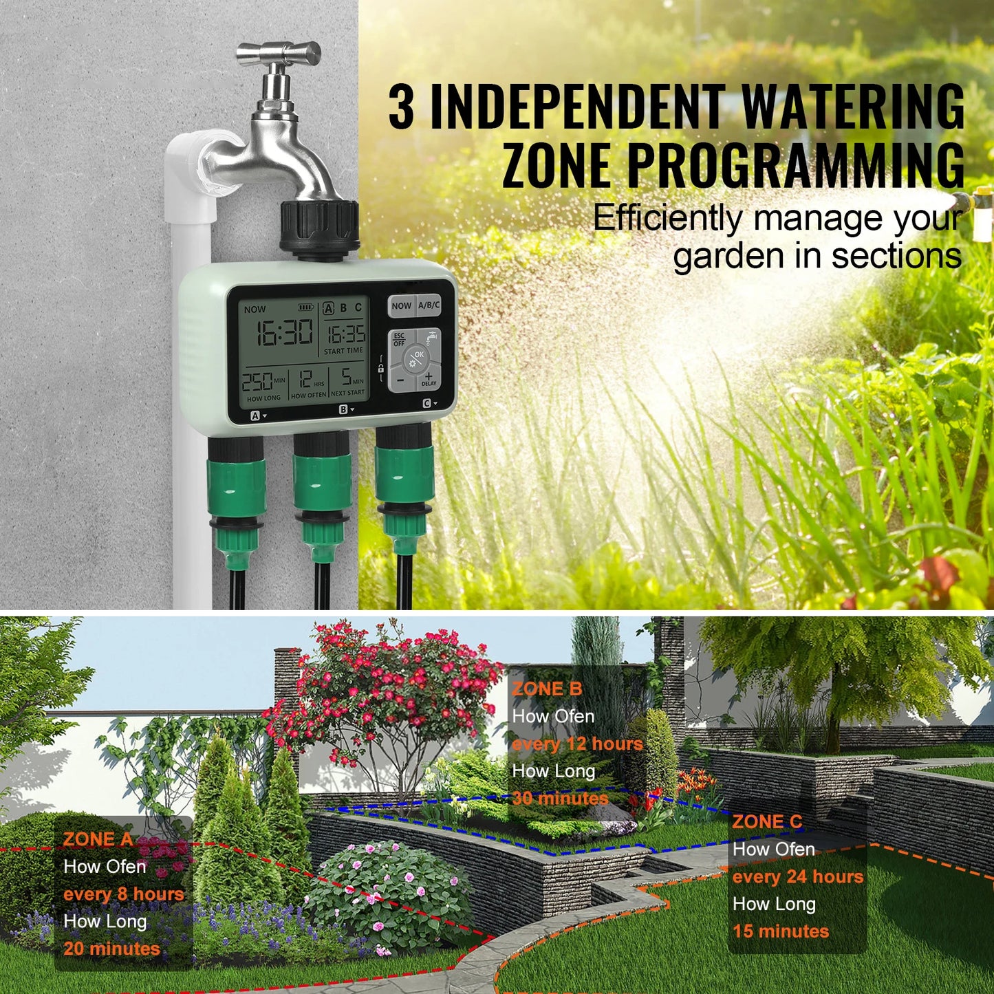 SucceBuy Water Timer With 3 Outlets, 3 Independent Zones LCD Display Rain Delay