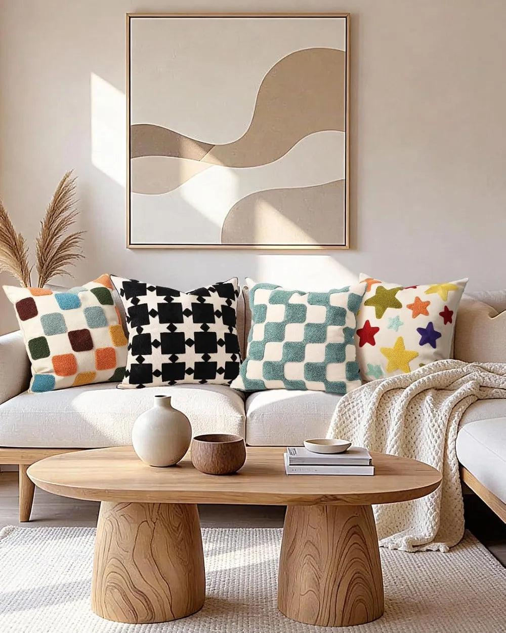 Embroidered Modern Geometric Throw Pillow Cover With Zipper Canvas