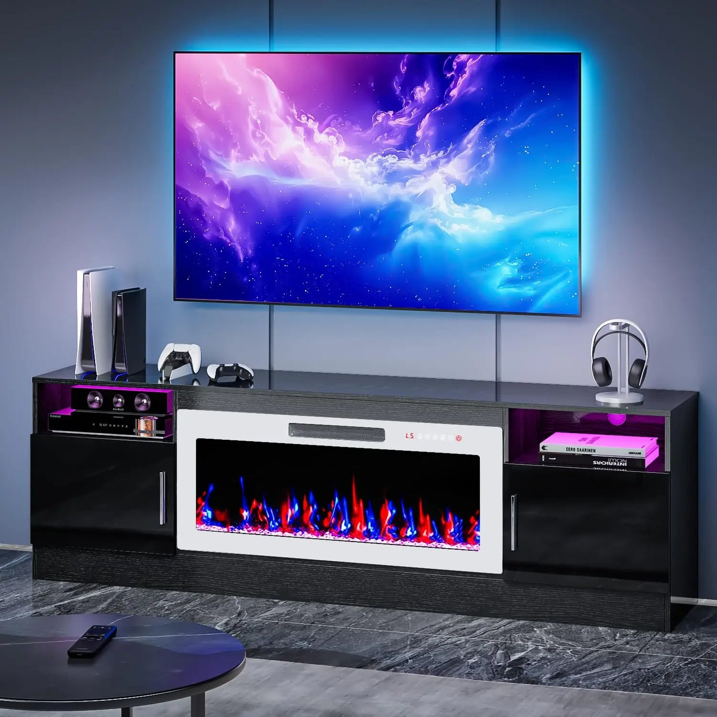 TV Stand With Fireplace LED Lighting For Living Room
