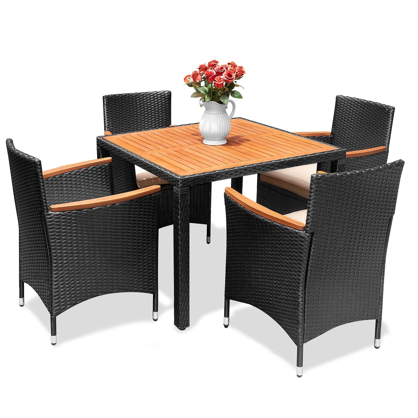 Acacia Wood Patio Dining Set With Cushions And Wicker Outdoor Furniture