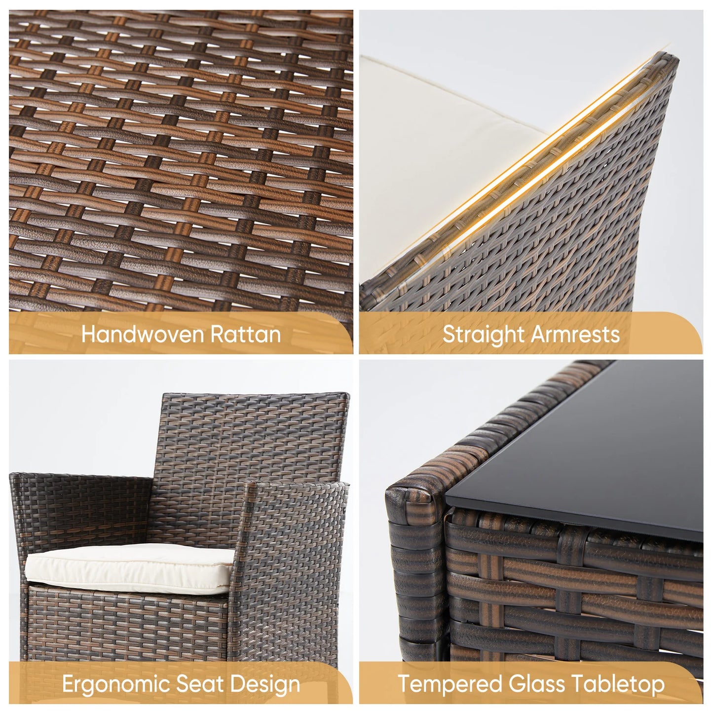 JHK Outdoor 3-Piece Wicker Patio Furniture Set With Glass Table