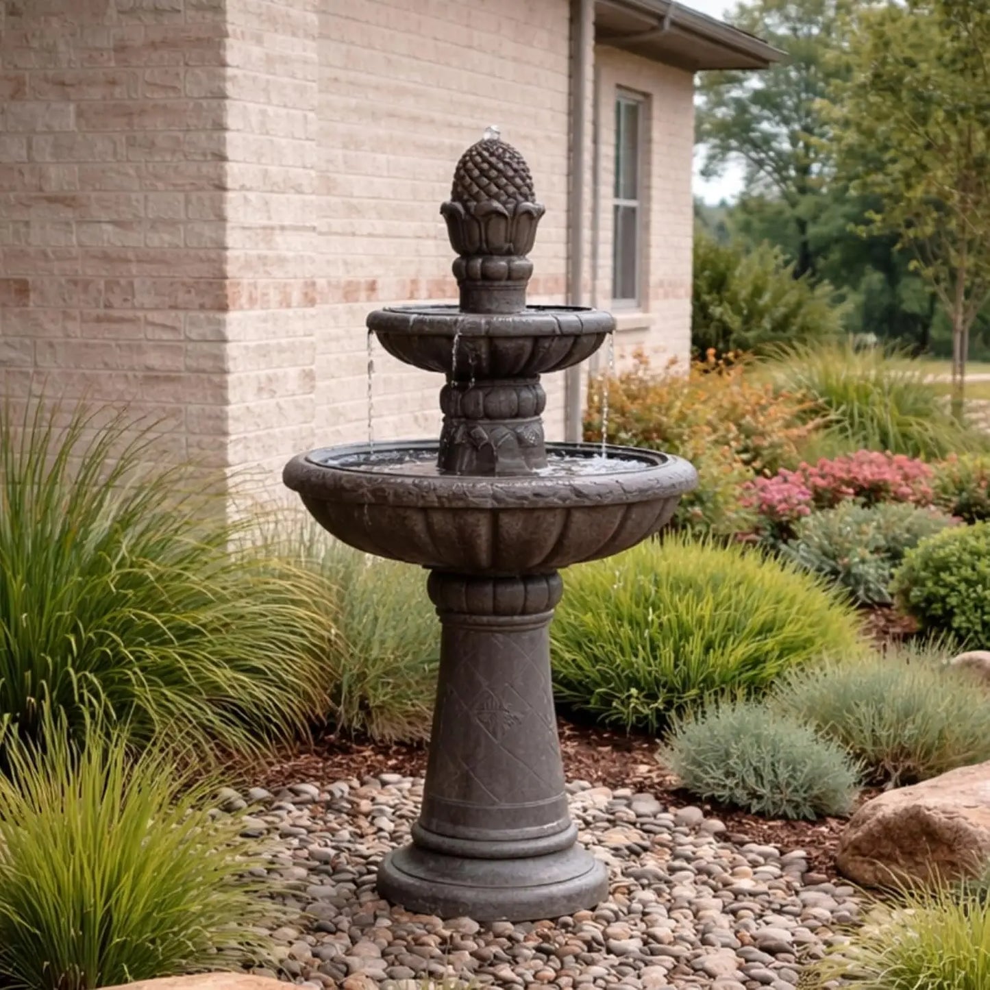 Deluxe Pineapple Pedestal 2 Tier Waterfall Fountain With Pump