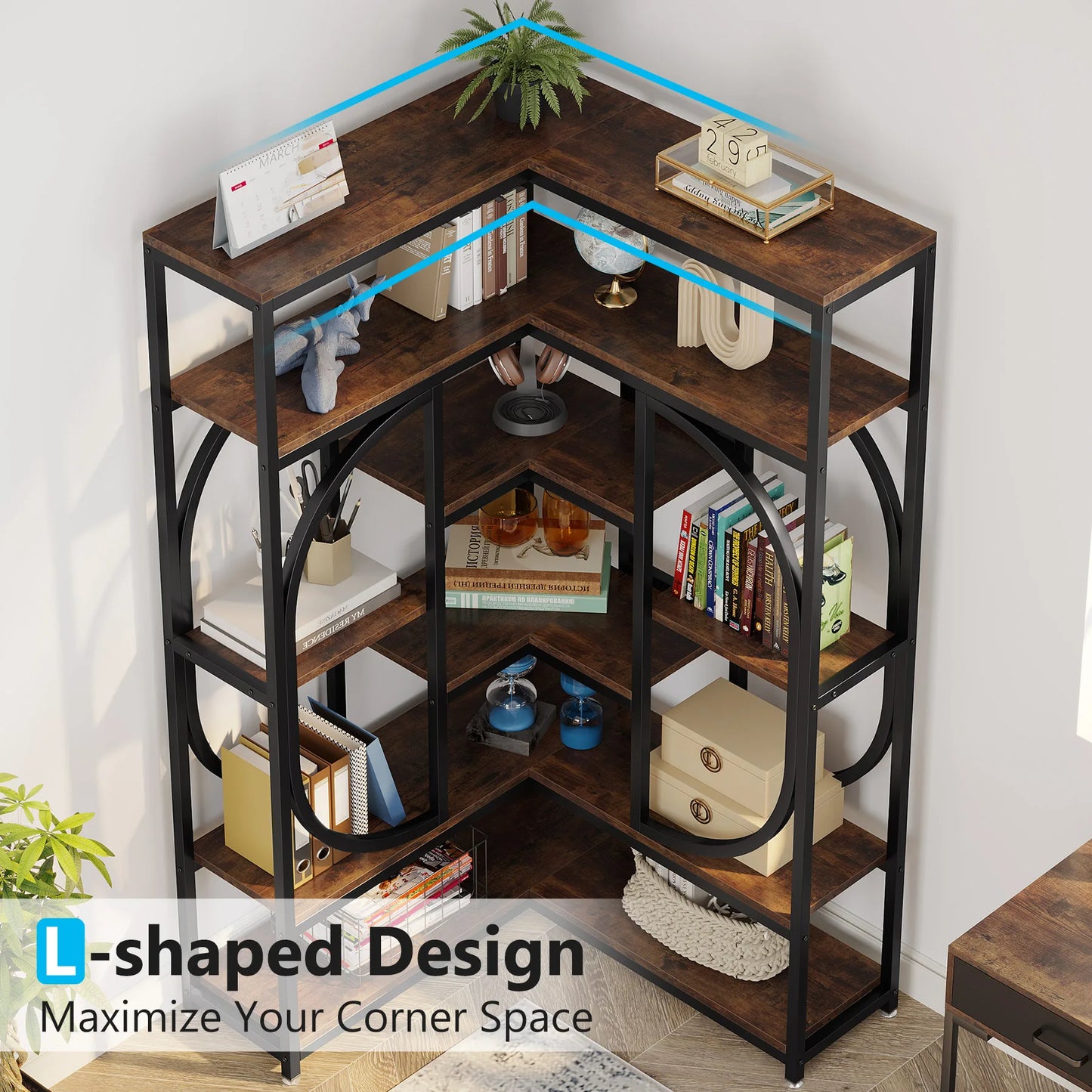 Little Tree 7 Shelf Corner Bookcase In Modern Iron Frame