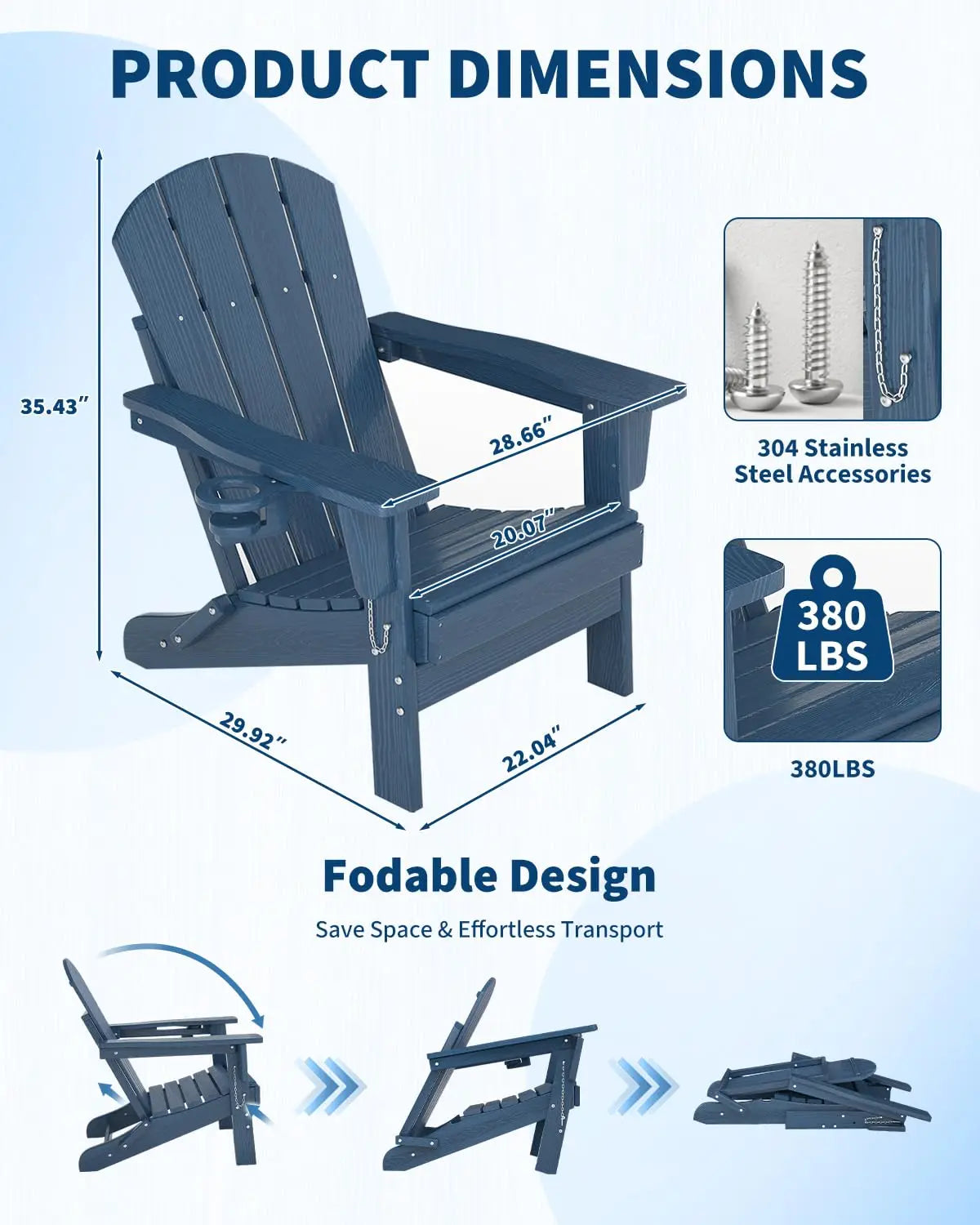 Folding Adirondack Chair All-Weather HDPE Outdoor Cup Holder