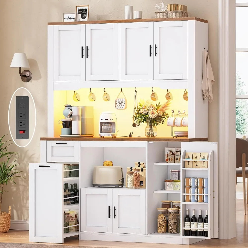 Pantry Cabinet With Microwave Stand And Charging Station LED Light