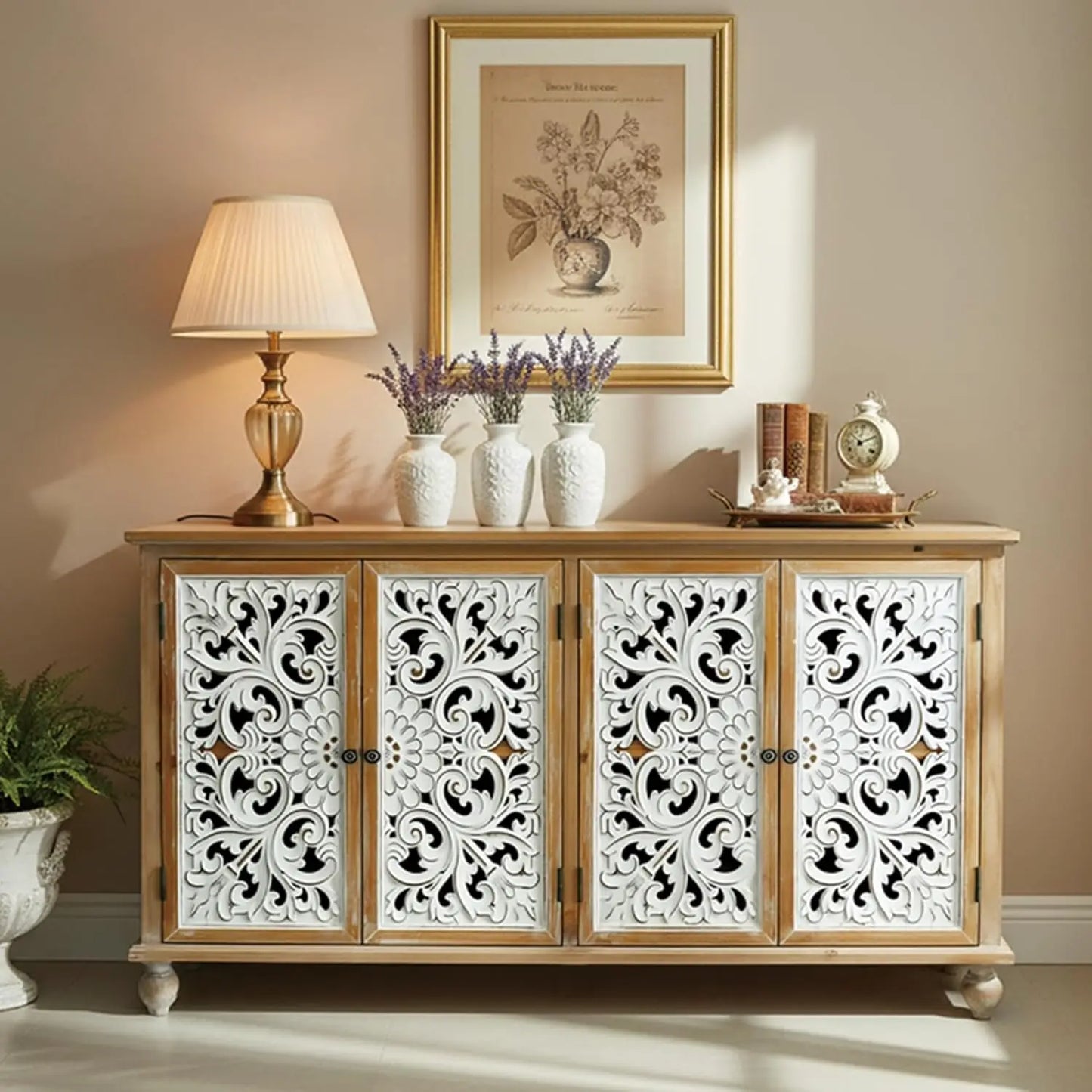 Country Vintage Sideboard Buffet Cabinet With Embossed Floral Metal Doors