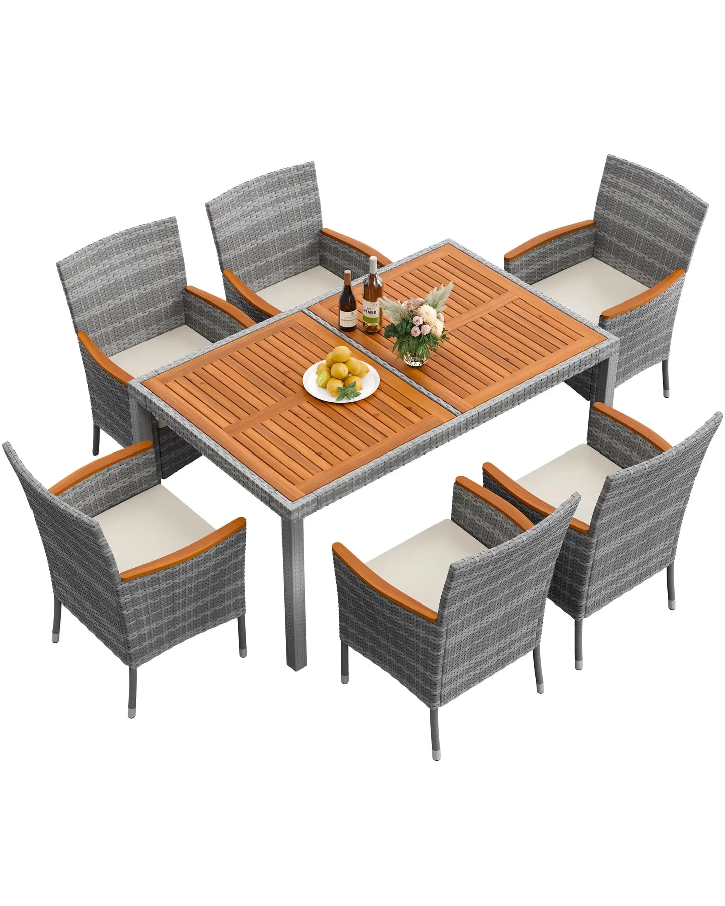 Acacia Wood Patio Dining Set With Cushions And Wicker Outdoor Furniture