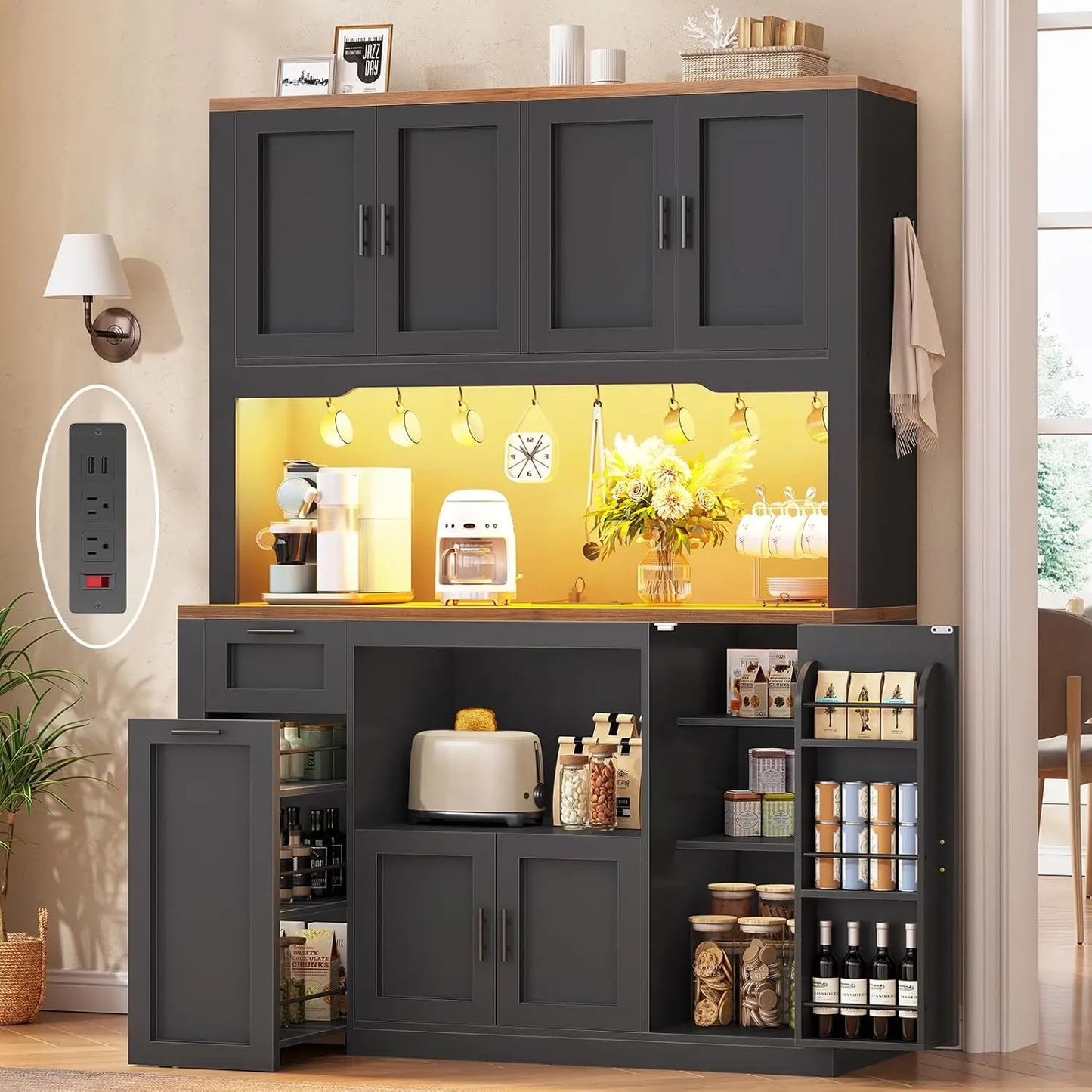 Pantry Cabinet With Microwave Stand And Charging Station LED Light