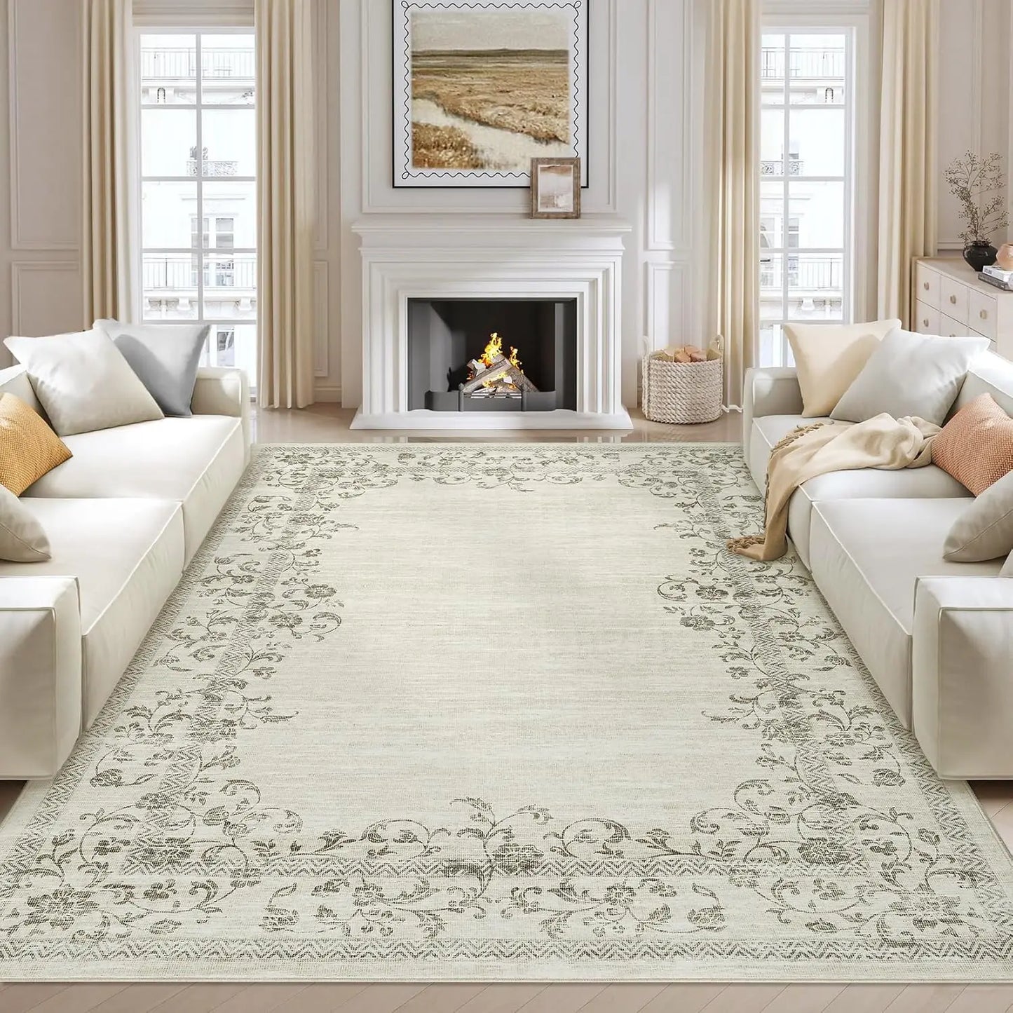 HiMISS Washable Floral Border Area Rug For Living Room