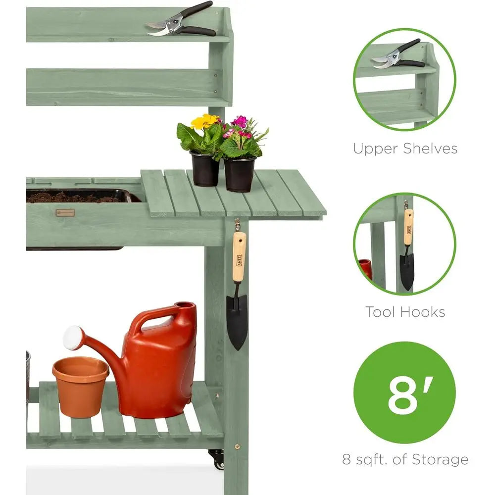 Mobile Garden Potting Bench With Locking Wheels And Sliding Tabletop