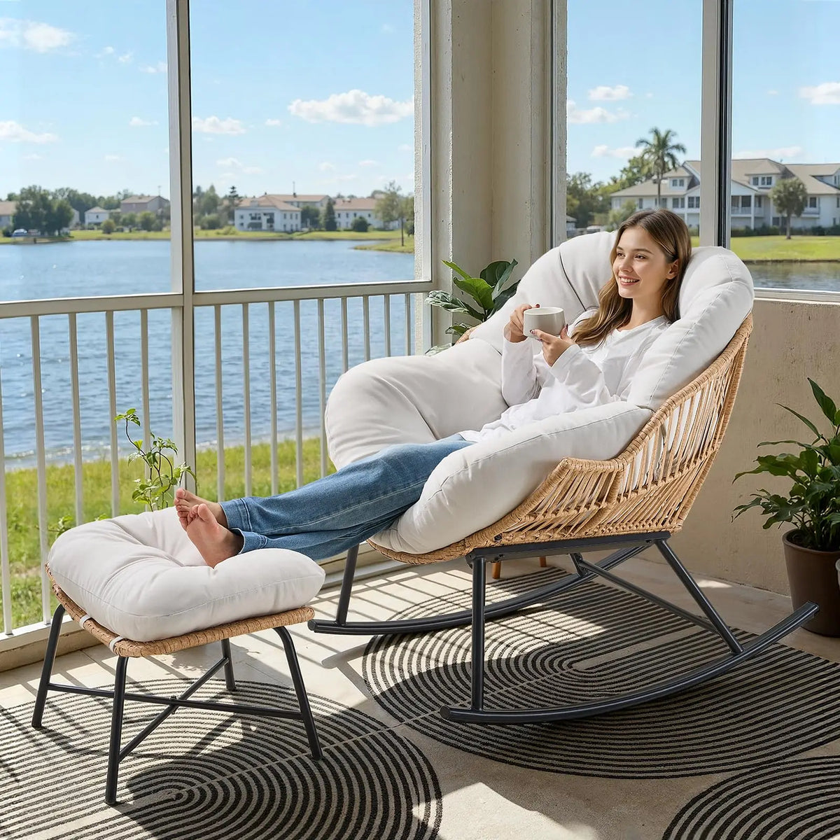 ONBRILL Rattan Papasan Rocking Chair And Ottoman Lounge Set