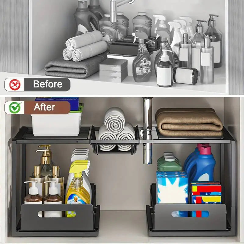 Under-Sink Sliding Storage Organizer With 2 Drawers For Cabinet