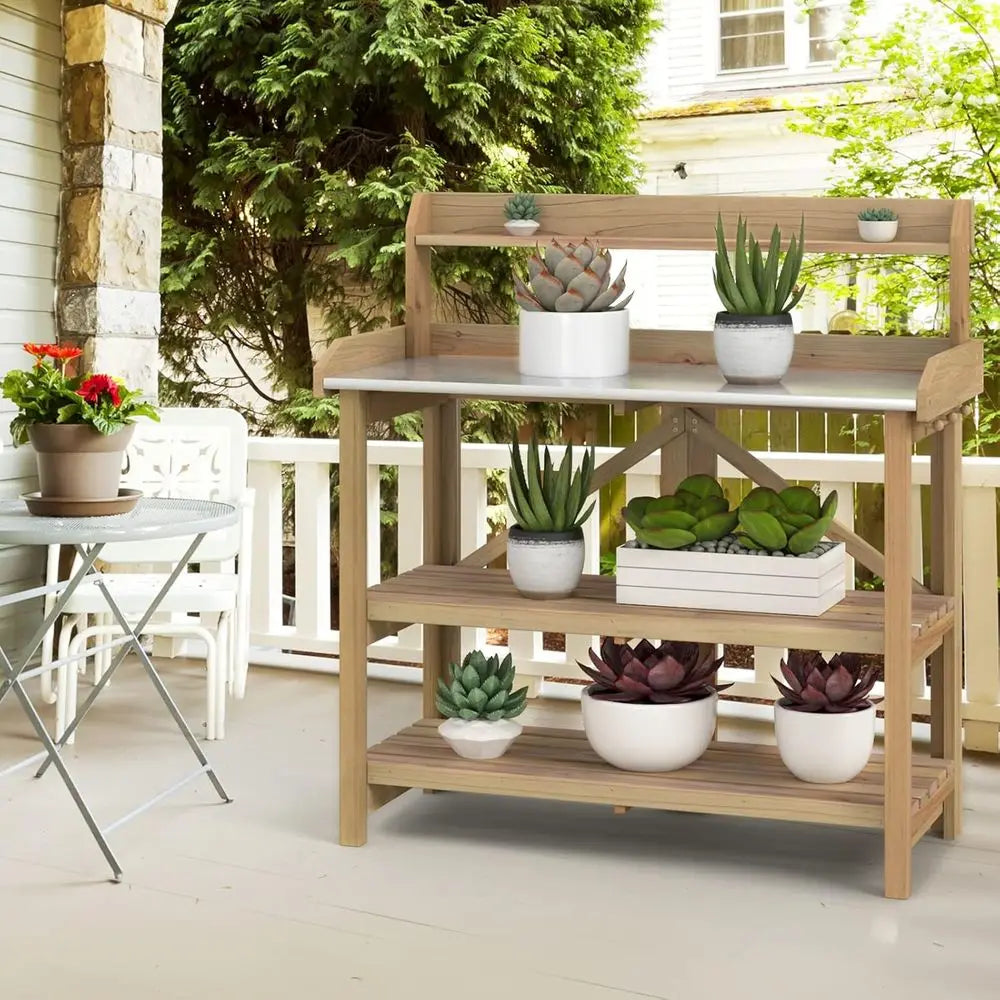 Garden Potting Bench With Galvanized Steel Top And Hooks
