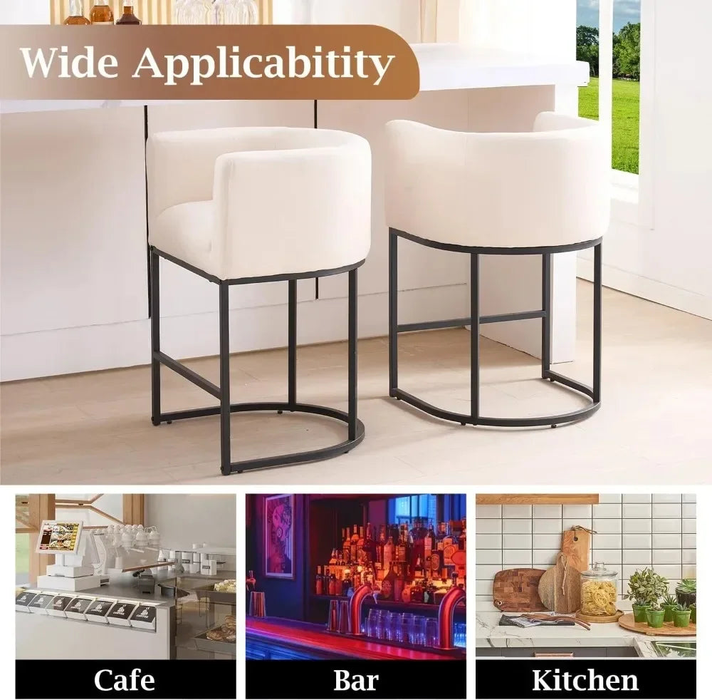 Modern Barrel Counter Stool Set Of 2 With Backrest And Arms Linen Upholstered