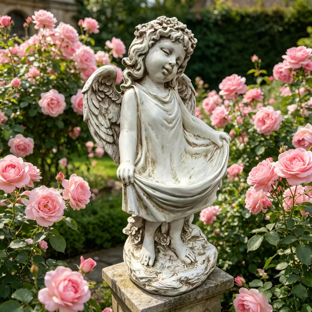 Weathered Angel Cherub Garden Statue Resin Outdoor Yard Decor