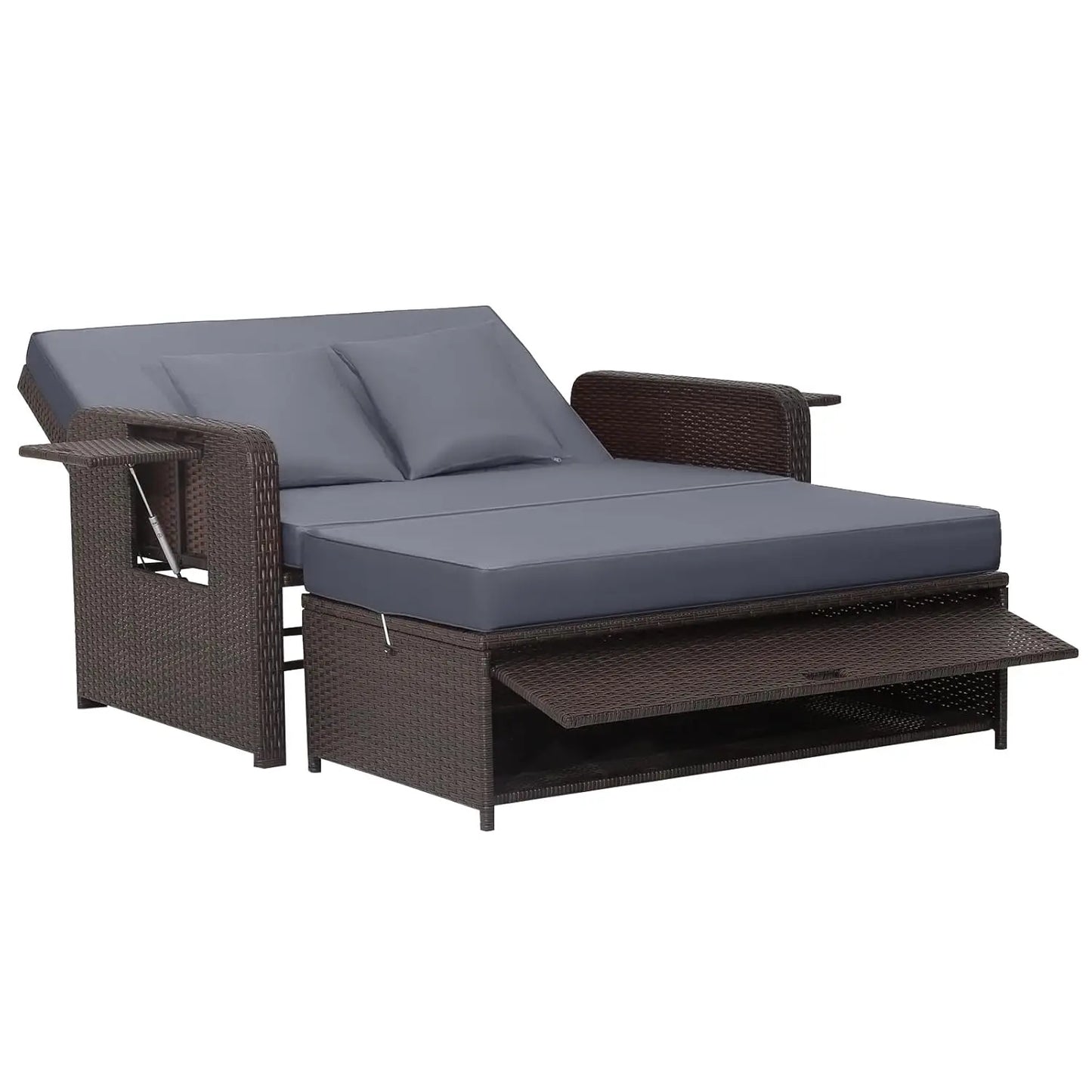 XIAOLANG Outdoor Patio Rattan Daybed With Cushions And Storage Ottoman