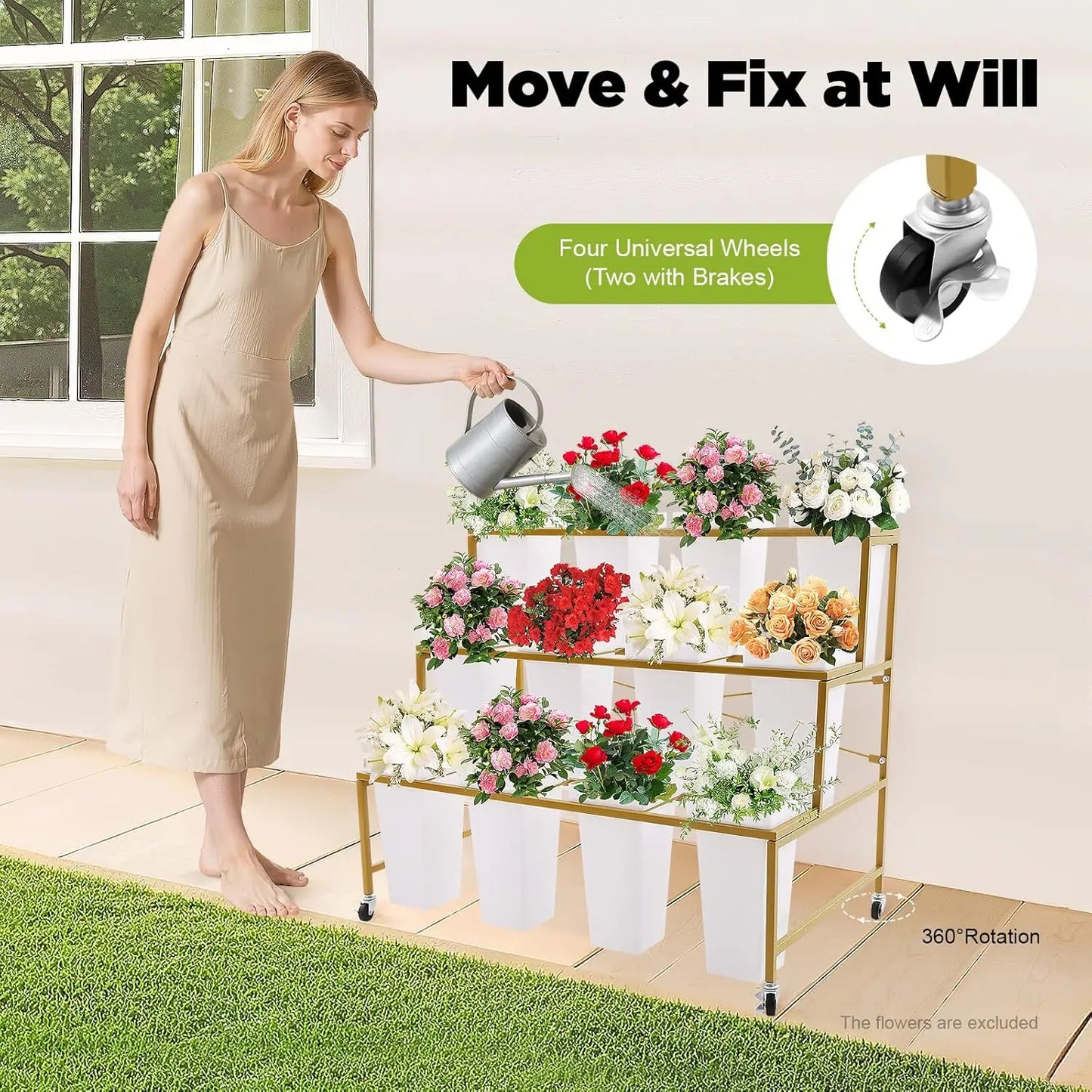 Flower Display Stand With Wheels, 3-Tier Plant Cart, Heavy Duty Indoor