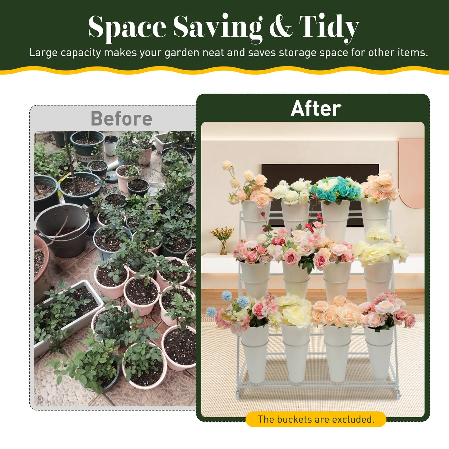 CNCEST Three-Tier Flower Display Stand With 12 Buckets And Wheels
