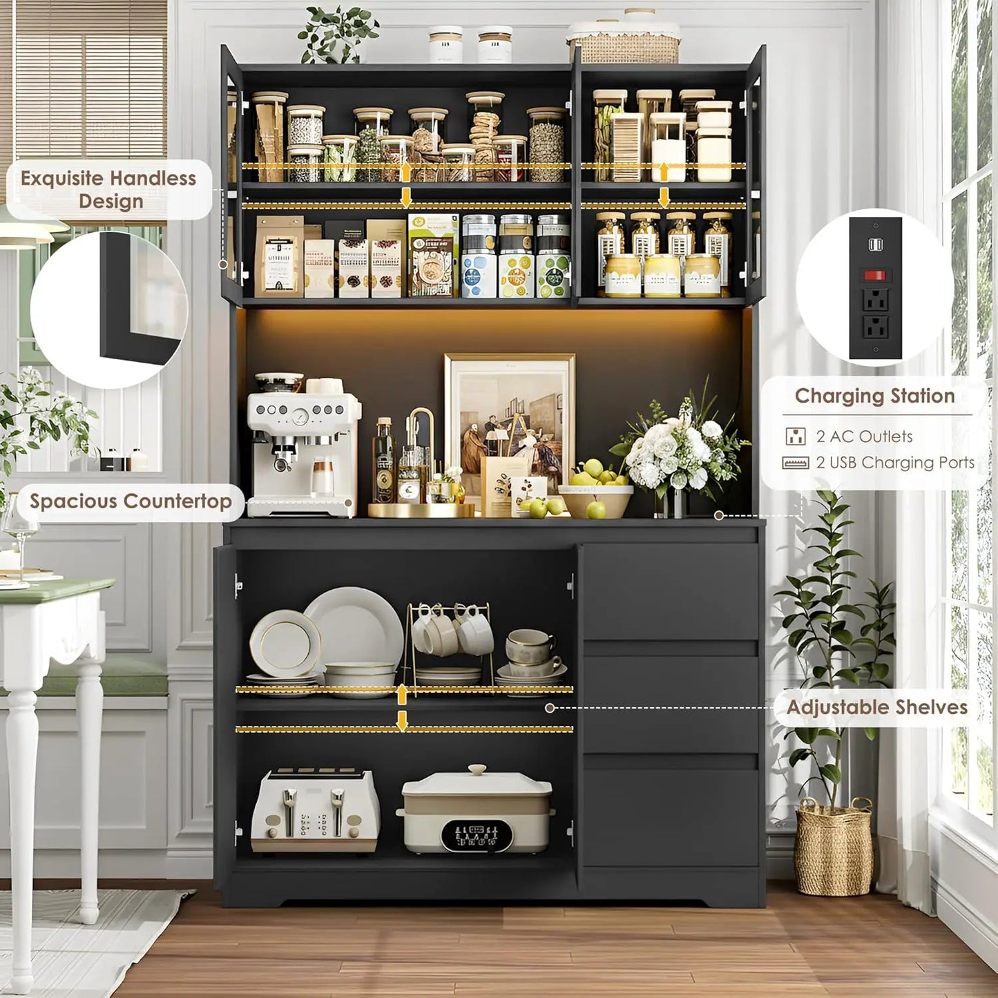 Kitchen Pantry Cabinet With LED Lights And Charging Station