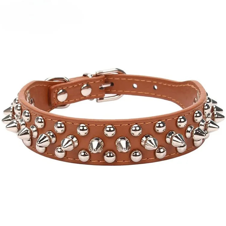 Adjustable PU Leather Dog Collar with Punk Rivet Spikes