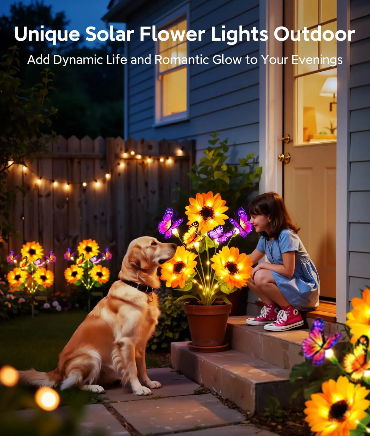 Solar Sunflower Garden Lights Four Pack Butterflies Outdoor Decor