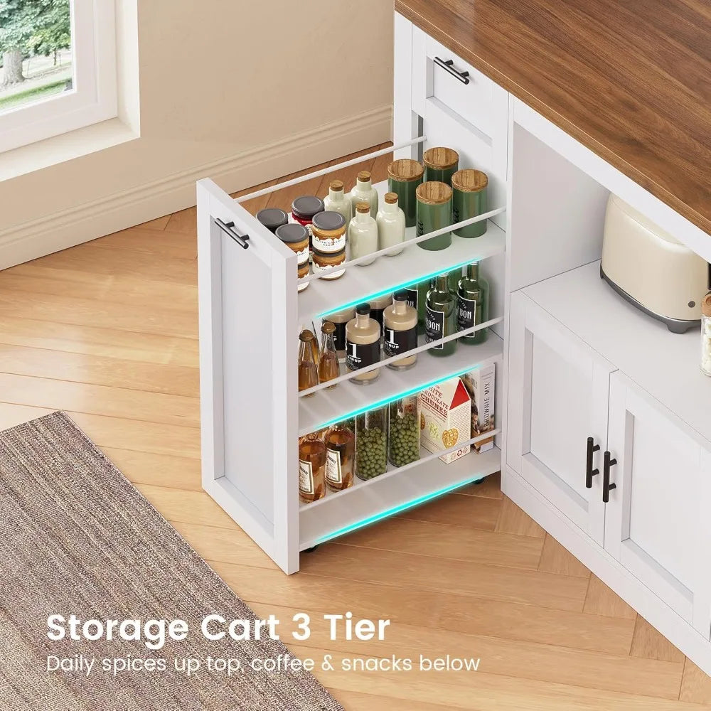 Pantry Cabinet With Microwave Stand And Charging Station LED Light