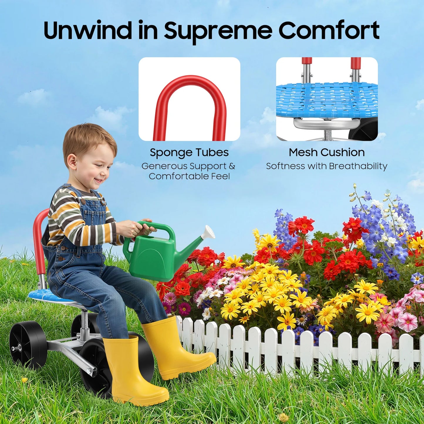 Bymaocar Three Wheel Rolling Garden Stool With 360 Degree Swivel Steel Frame